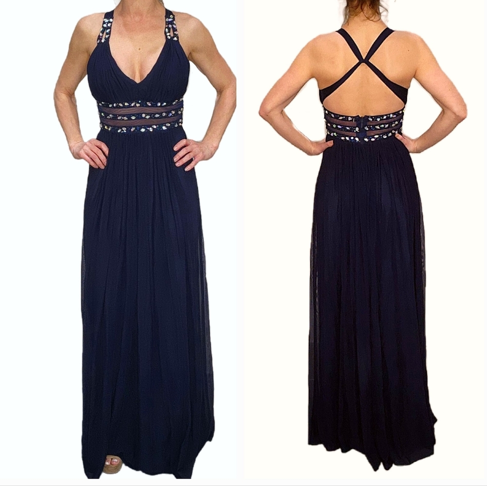 Navy Blue Gown Backless and Gem Embellishments Size 3/4